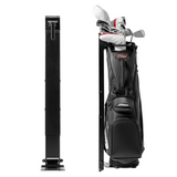 A black golf bag storage rack from ClubsDock, shown both empty and loaded with a golf bag, providing a vertical storage solution.