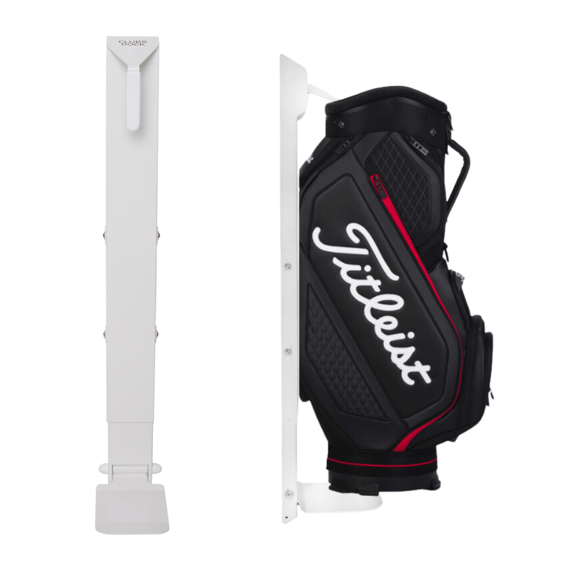 ClubsDock Pro White front and side view plus Black golf bag with 'Titleist' logo on a white background